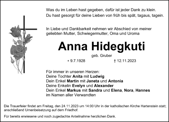Traueranzeige von Anna Hidegkuti von Hersbrucker Zeitung Lokal