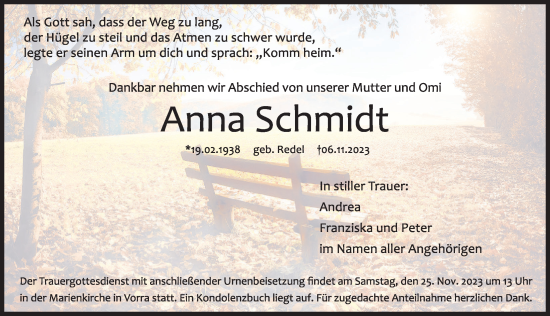 Traueranzeige von Anna Schmidt von Hersbrucker Zeitung Lokal