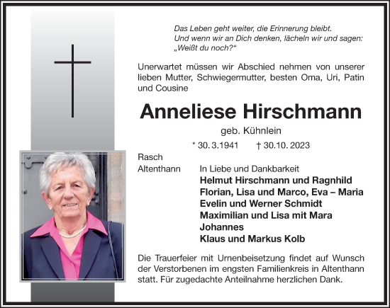 Traueranzeige von Anneliese Hirschmann von Der Bote