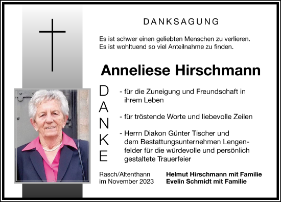 Traueranzeige von Anneliese Hirschmann von Der Bote