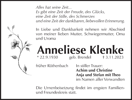 Traueranzeige von Anneliese Klenke von Pegnitz-Zeitung