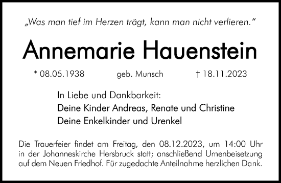 Traueranzeige von Annemarie Hauenstein von Hersbrucker Zeitung Lokal