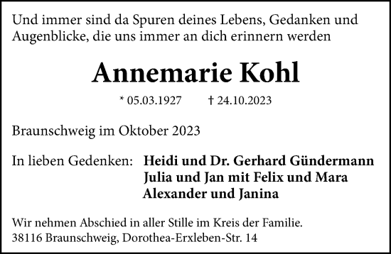 Traueranzeige von Annemarie Kohl von Hersbrucker Zeitung Lokal