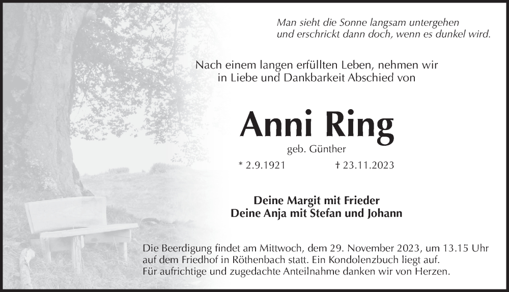  Traueranzeige für Anni Ring vom 25.11.2023 aus Pegnitz-Zeitung