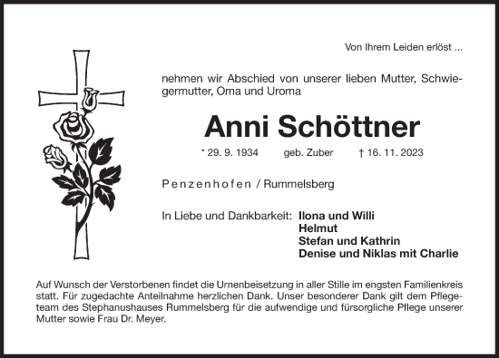 Traueranzeige von Anni Schöttner von Der Bote