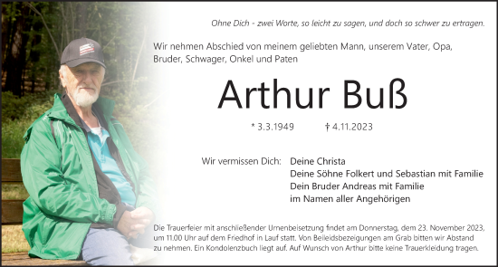 Traueranzeige von Arthur Buß von Pegnitz-Zeitung