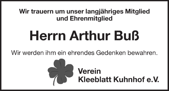 Traueranzeige von Arthur Buß von Pegnitz-Zeitung