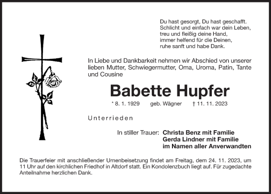 Traueranzeige von Babette Hupfer von Der Bote