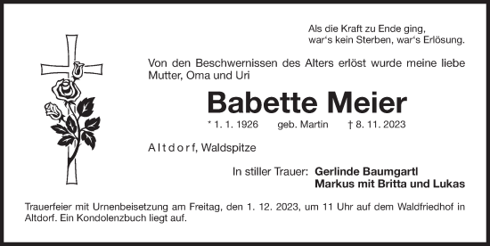Traueranzeige von Babette Meier von Der Bote