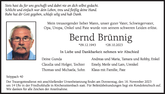 Traueranzeige von Bernd Brünnig von Hersbrucker Zeitung Lokal