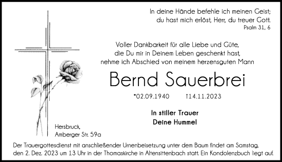 Traueranzeige von Bernd Sauerbrei von Hersbrucker Zeitung Lokal