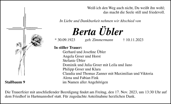 Traueranzeige von Berta Übler von Hersbrucker Zeitung Lokal