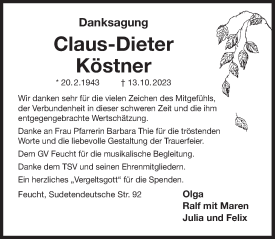 Traueranzeige von Claus-Dieter Köstner von Der Bote