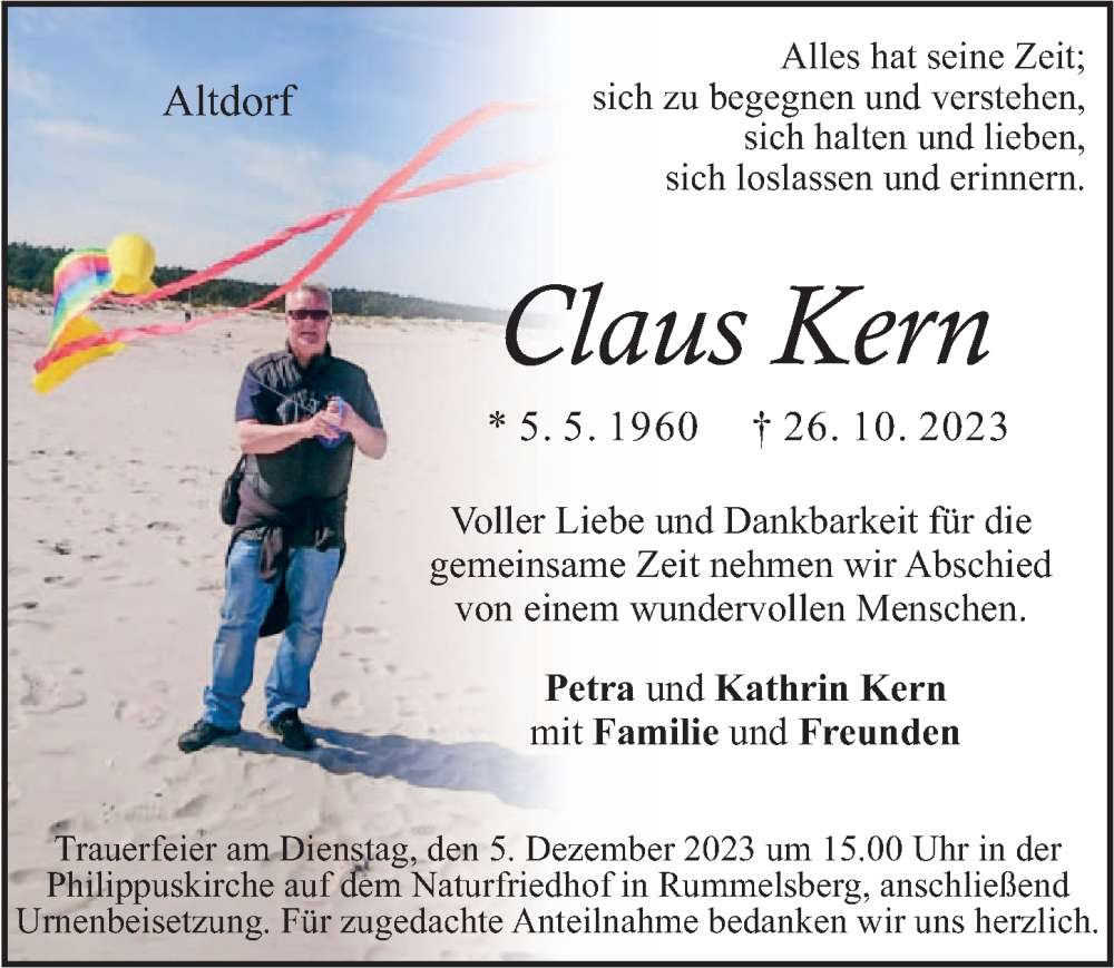  Traueranzeige für Claus Kern vom 25.11.2023 aus Der Bote