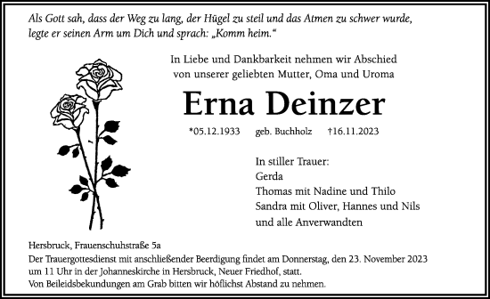 Traueranzeige von Erna Deinzer von Hersbrucker Zeitung Lokal