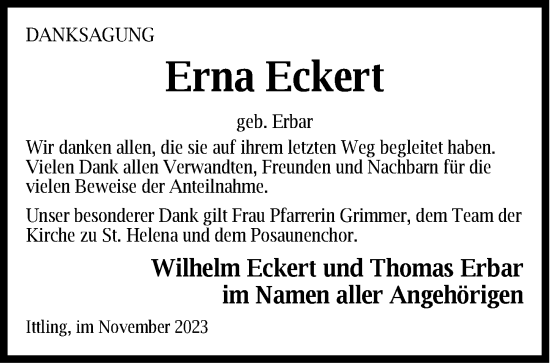 Traueranzeige von Erna Eckert von Pegnitz-Zeitung