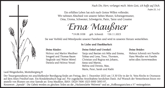 Traueranzeige von Erna Maußner von Pegnitz-Zeitung