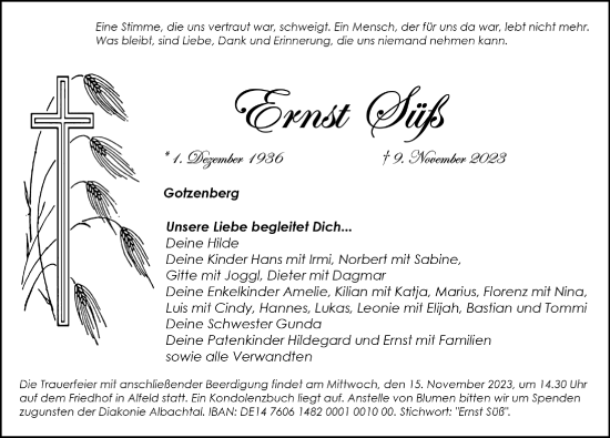 Traueranzeige von Ernst Süß von Hersbrucker Zeitung Lokal