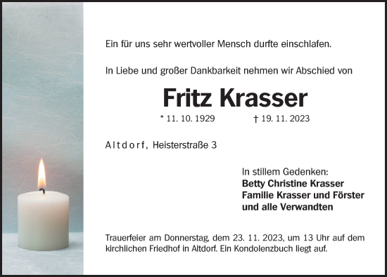 Traueranzeige von Fritz Krasser von Der Bote