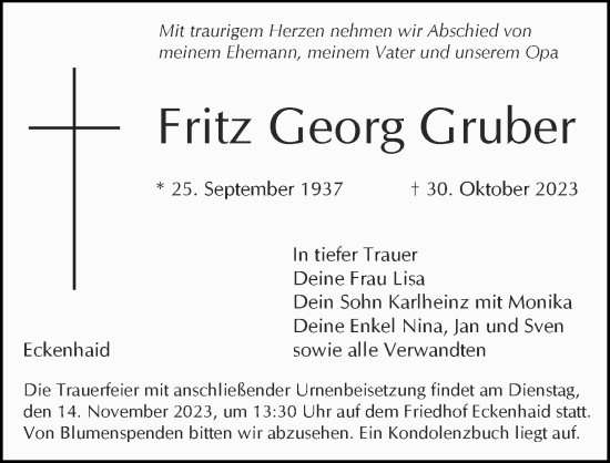 Traueranzeige von Fritz Georg Gruber von Pegnitz-Zeitung