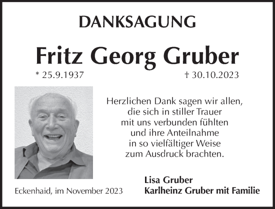 Traueranzeige von Fritz Georg Gruber von Pegnitz-Zeitung