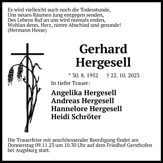 Traueranzeige von Gerhard Hergesell von Der Bote