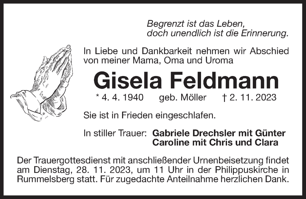  Traueranzeige für Gisela Feldmann vom 25.11.2023 aus Der Bote