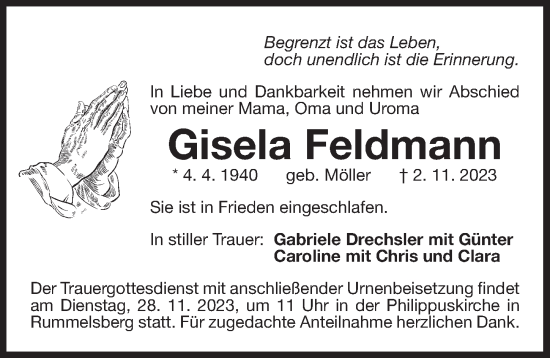 Traueranzeige von Gisela Feldmann von Der Bote