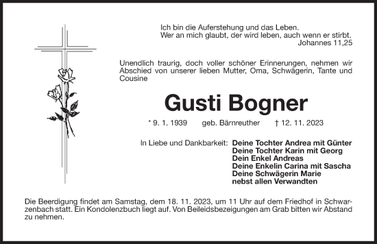 Traueranzeige von Gusti Bogner von Der Bote