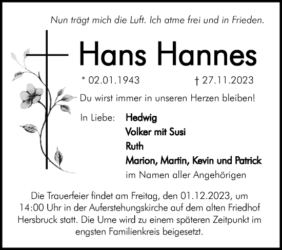 Traueranzeige von Hans Hannes von Hersbrucker Zeitung Lokal
