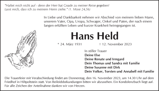 Traueranzeige von Hans Held von Pegnitz-Zeitung