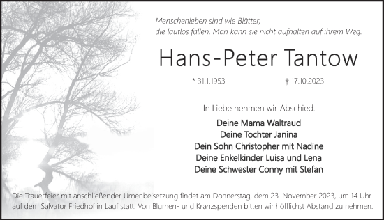 Traueranzeige von Hans-Peter Tantow von Pegnitz-Zeitung