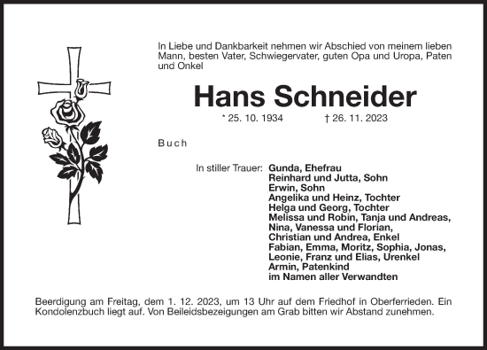 Traueranzeige von Hans Schneider von Der Bote