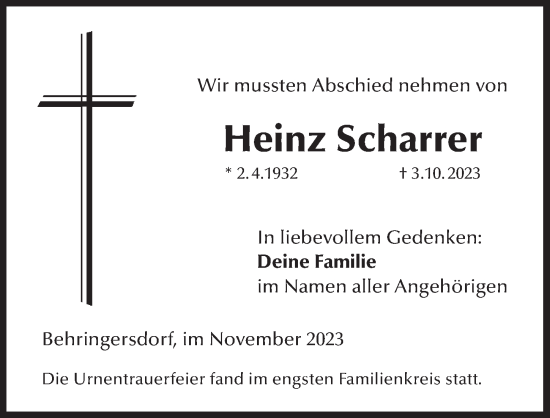 Traueranzeige von Heinz Scharrer von Pegnitz-Zeitung