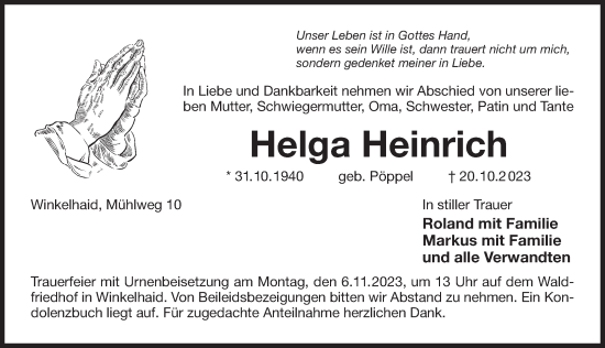 Traueranzeige von Helga Heinrich von Der Bote