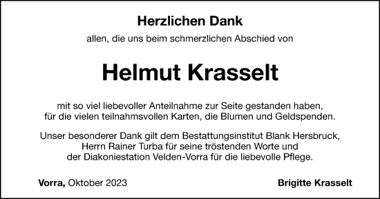 Traueranzeige von Helmut Krasselt von Hersbrucker Zeitung Lokal
