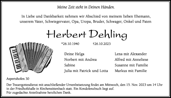 Traueranzeige von Herbert Dehling von Hersbrucker Zeitung Lokal