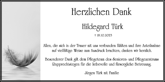 Traueranzeige von Hildegard Türk von Hersbrucker Zeitung Lokal
