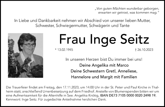 Traueranzeige von Inge Seitz von Hersbrucker Zeitung Lokal