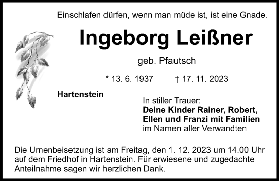 Traueranzeige von Ingeborg Leißner von Hersbrucker Zeitung Lokal