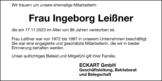 Traueranzeige von Ingeborg Leißner von Hersbrucker Zeitung Lokal