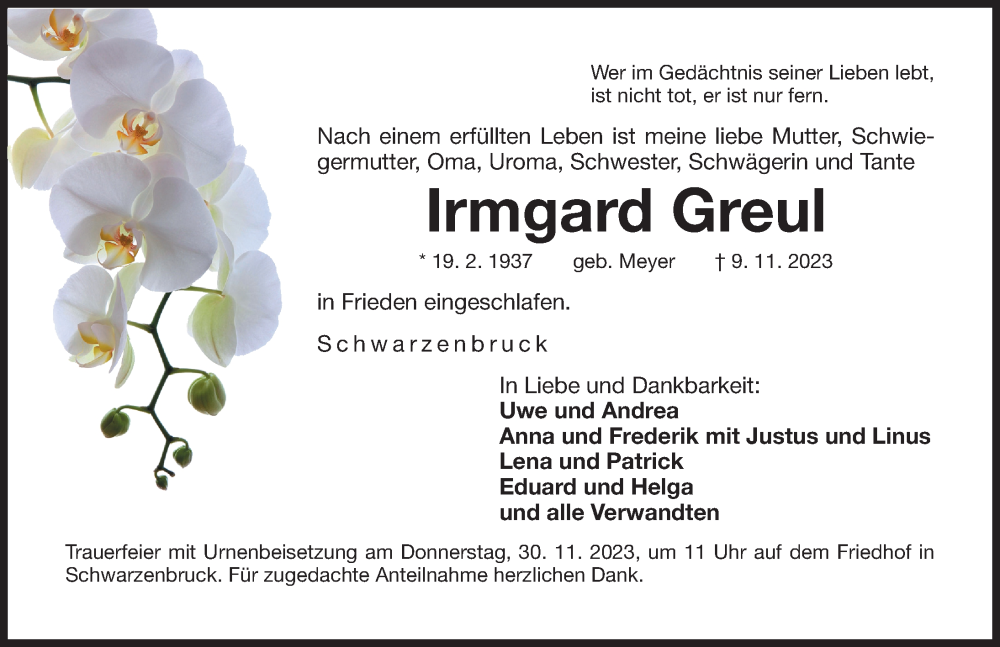  Traueranzeige für Irmgard Greul vom 25.11.2023 aus Der Bote