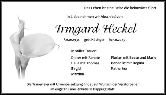 Traueranzeige von Irmgard Heckel von Hersbrucker Zeitung Lokal