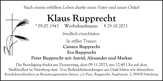 Traueranzeige von Klaus Rupprecht von Der Bote