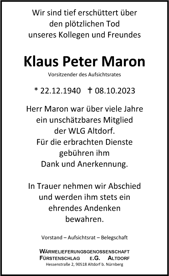 Traueranzeige von Klaus Peter Maron von Der Bote
