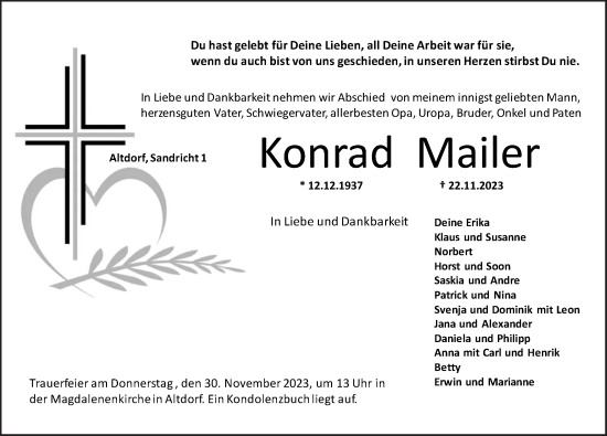 Traueranzeige von Konrad Mailer von Der Bote