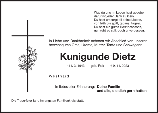 Traueranzeige von Kunigunde Dietz von Der Bote