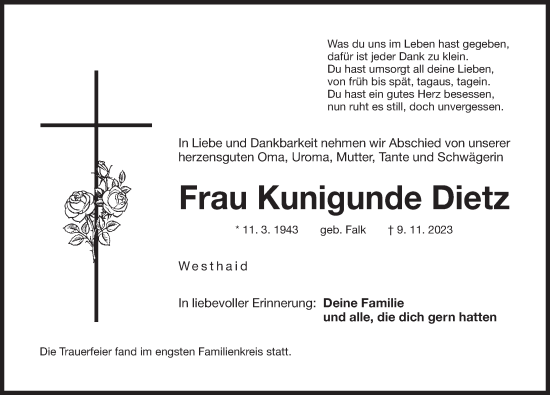 Traueranzeige von Kunigunde Dietz von Der Bote