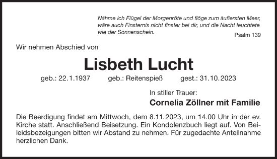 Traueranzeige von Lisbeth Lucht von Der Bote