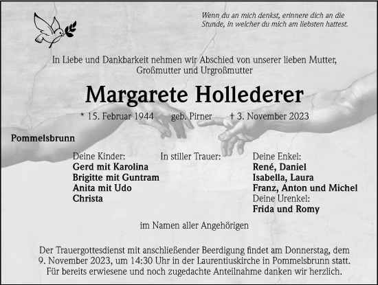 Traueranzeige von Margarete Hollederer von Hersbrucker Zeitung Lokal